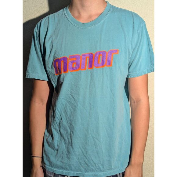 Manor Graphic T-Shirt - Size L - Cool Orange & Purple Logo! - Picture 1 of 4